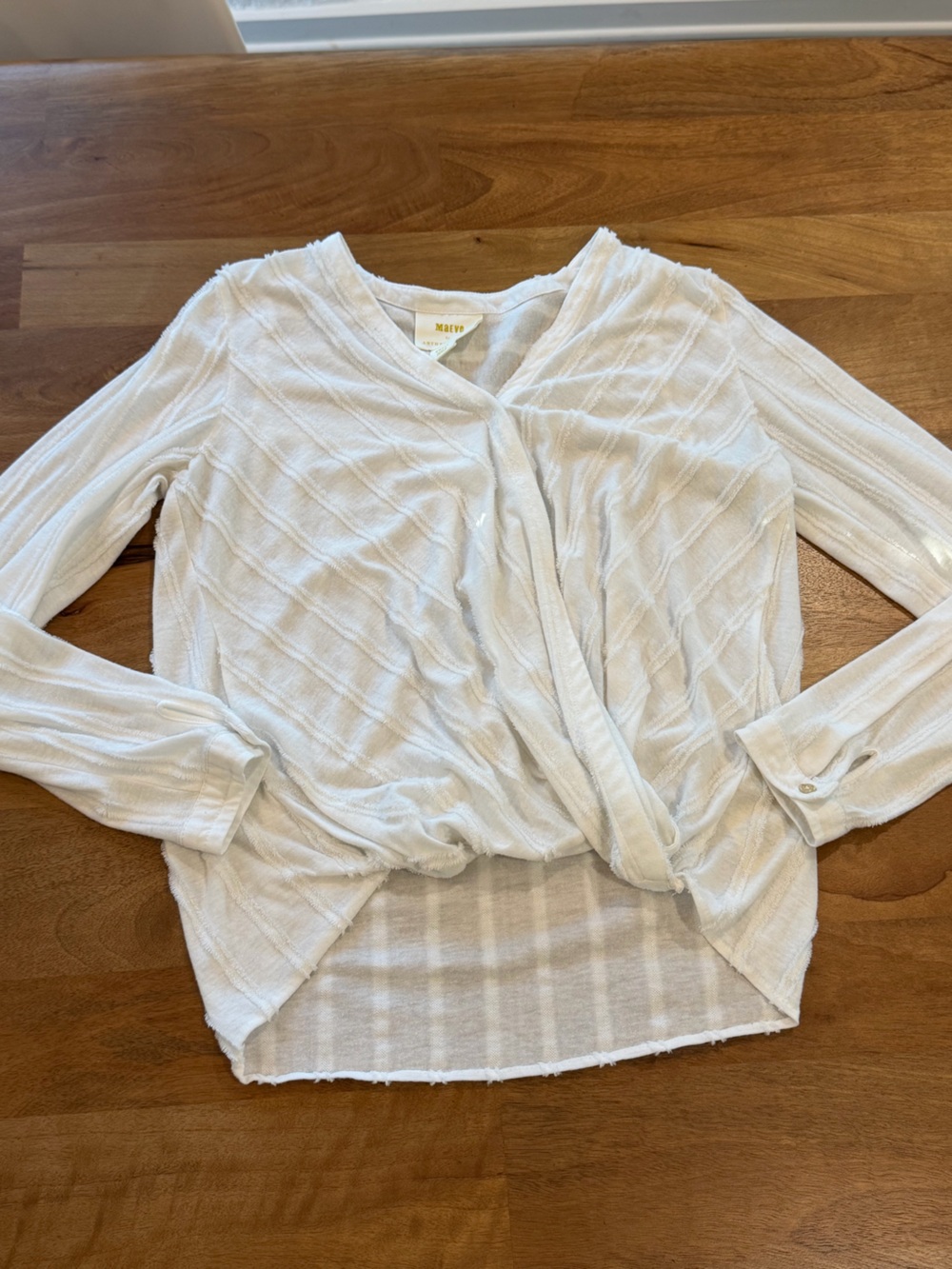 Maeve White Knit Top with Drape Wrap Front and Frilly Stripes Size Small